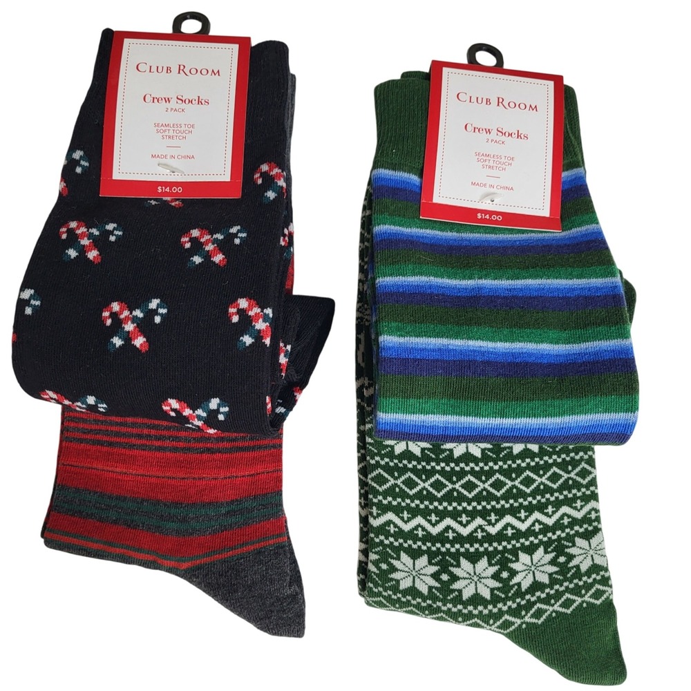 Club Room Men's Two 2 Packs Crew Socks Candy Cane & Stripe Fair Isle Holiday